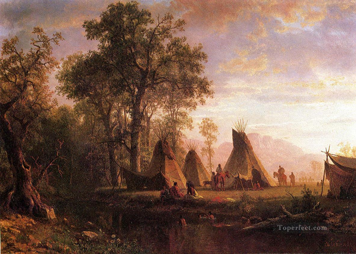 ビアシュタット アルバート インディアンの野営地 午後遅くの山油絵